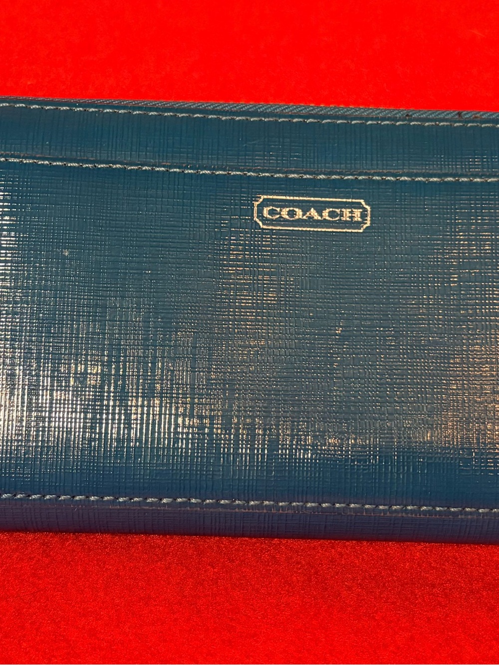 Coach Darcy F49963 Patent Saffiano Leather Zip Around Wallet Teal Silver